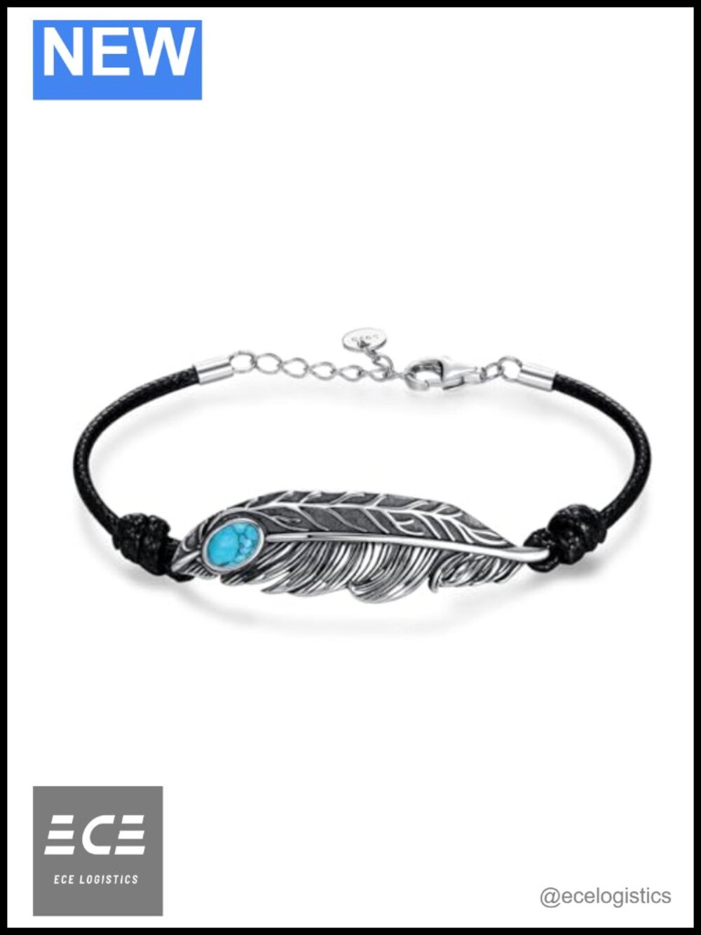 925 Sterling Silver Feather Turquoise Charm Bracelet Adjustable 7+1 Inch